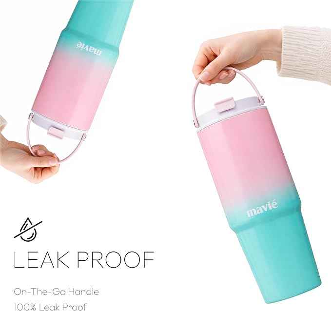 30oz Tumbler With Top Handle & Built-In Flip Straw + Sip Spout, Double Insulated Stainless Steel Water Bottle, 100% Leakproof & Reusable, Cup Holder Friendly Travel Coffee Mug (Purple Pink)