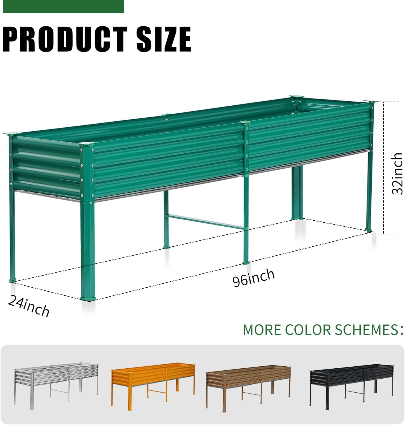 Land Guard Galvanized Raised Garden Bed with Legs, 96×24×32in Raised Garden Beds Outdoor with Drainage Holes, Planter Boxes Outdoor for Backyard, Patio, Balcony, 800lb Capacity, Green