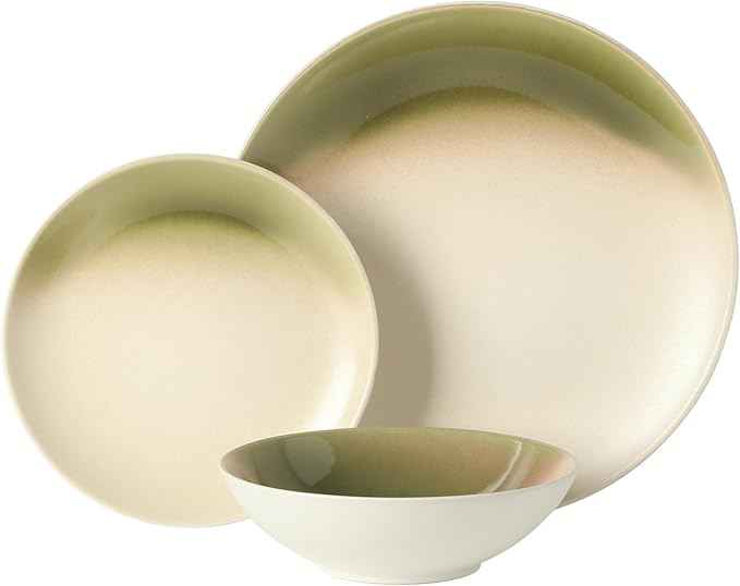 Gibson Elite Crescenton Plates and Bowls Sets, 12-Piece Green Stoneware Dinnerware Sets, Round Reactive Glaze Dish Set