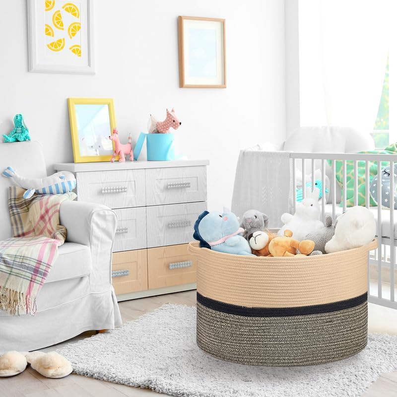 Ravinte Large Storage - 22"x 22"x 14" Blanket Basket for Living Room, Baby Toy Storage, Cotton Rope Woven Laundry Basket (Brown-Black-Light Black)