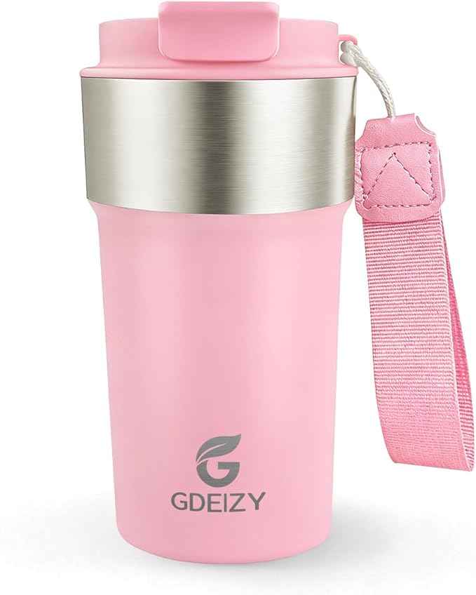 Insulated Coffee Mug, 17oz Stainless Steel Travel Mug with Flip-Top Straw Lid, Leak Proof Vacuum Insulated Tumbler, Reusable Coffee Cup for Hot & Cold Drinks, Pink