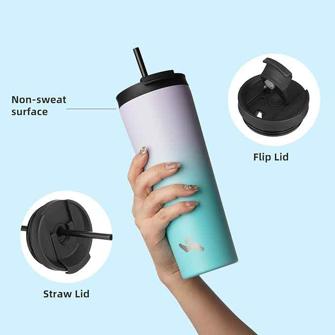 Konokyo 22 OZ Insulated Tumbler with Lid and 2 Straws Stainless Steel Water Bottle Vacuum Travel Mug Coffee Cup,Lavender Green