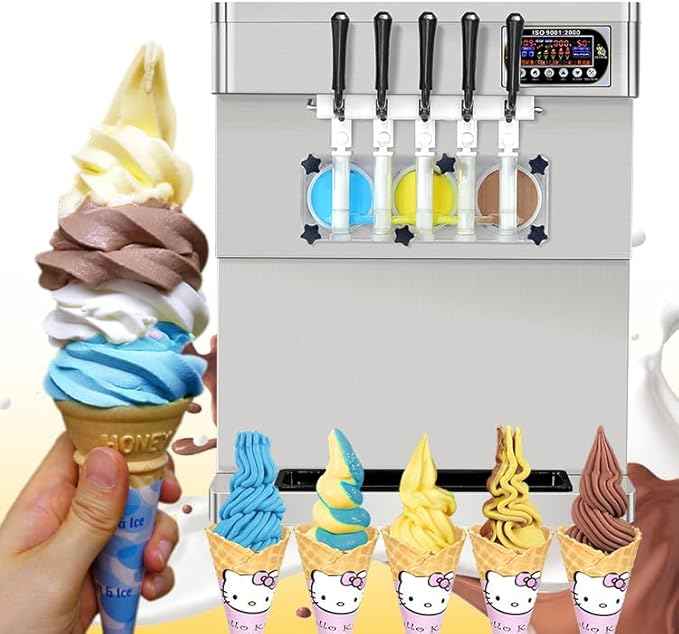 Kolice Commercial Countertop 5 flavors softy ice cream maker, 3+2 mixed flavors soft serve ice cream machine, frozen yogurt ice cream maker-ETL certified, upper tanks refrigerated | 110V 2300W