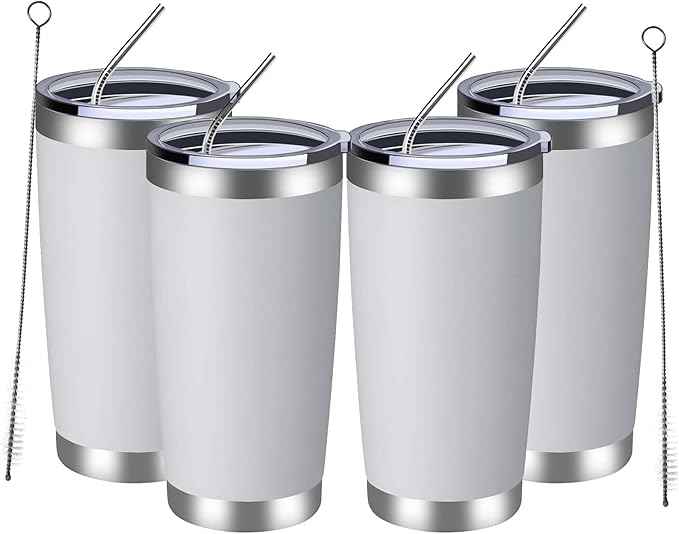 MEWAY 20oz Tumbler 4 Pack Double Wall Vacuum Insulated Travel Mug Bulk, Stainless Steel Tumblers with Lid and Straw, Durable Powder Coated Coffee Cups for Cold & Hot Drinks (White, 4)