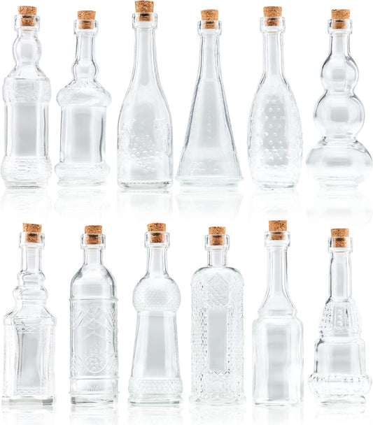 Small Mini Clear Vintage Glass Bottles with Corks, Mini Vases, Decorative, Potion, Assorted Design Set of 12 pcs, 4.6 Inch Tall (11.43cm), 1.4 Inch Wide (3.56cm)