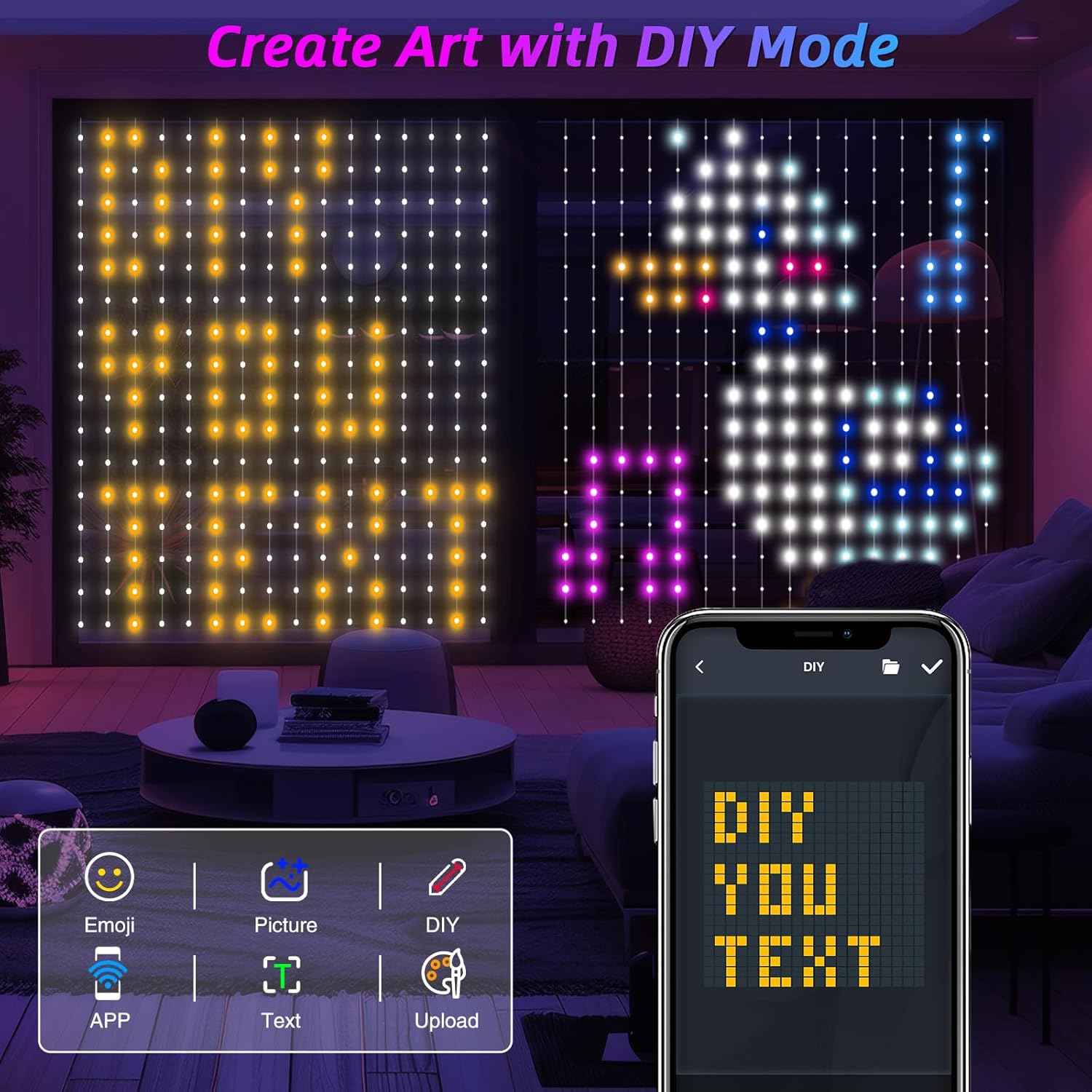 Curtain Lights,Smart LED Color Changing Wall Lights with APP&Remote,Dynamic DIY GIF Christmas String Fairy Lights for Kids Bedroom Living Room Holiday Decor,Outdoor IP65 Waterproof,5.25x5.25ft
