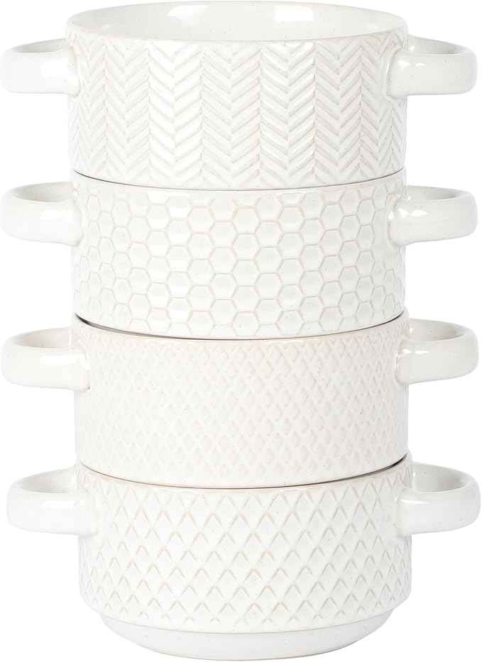 Gibson Elite Oyster Tide Embossed 6 Inch Soup Bowls with Handles. French Onion Soup Crocks, Stackable Soup Bowl, Chili, Beef Stew Reactive Glaze Stackable Ceramic Bowl, Set of 4, White