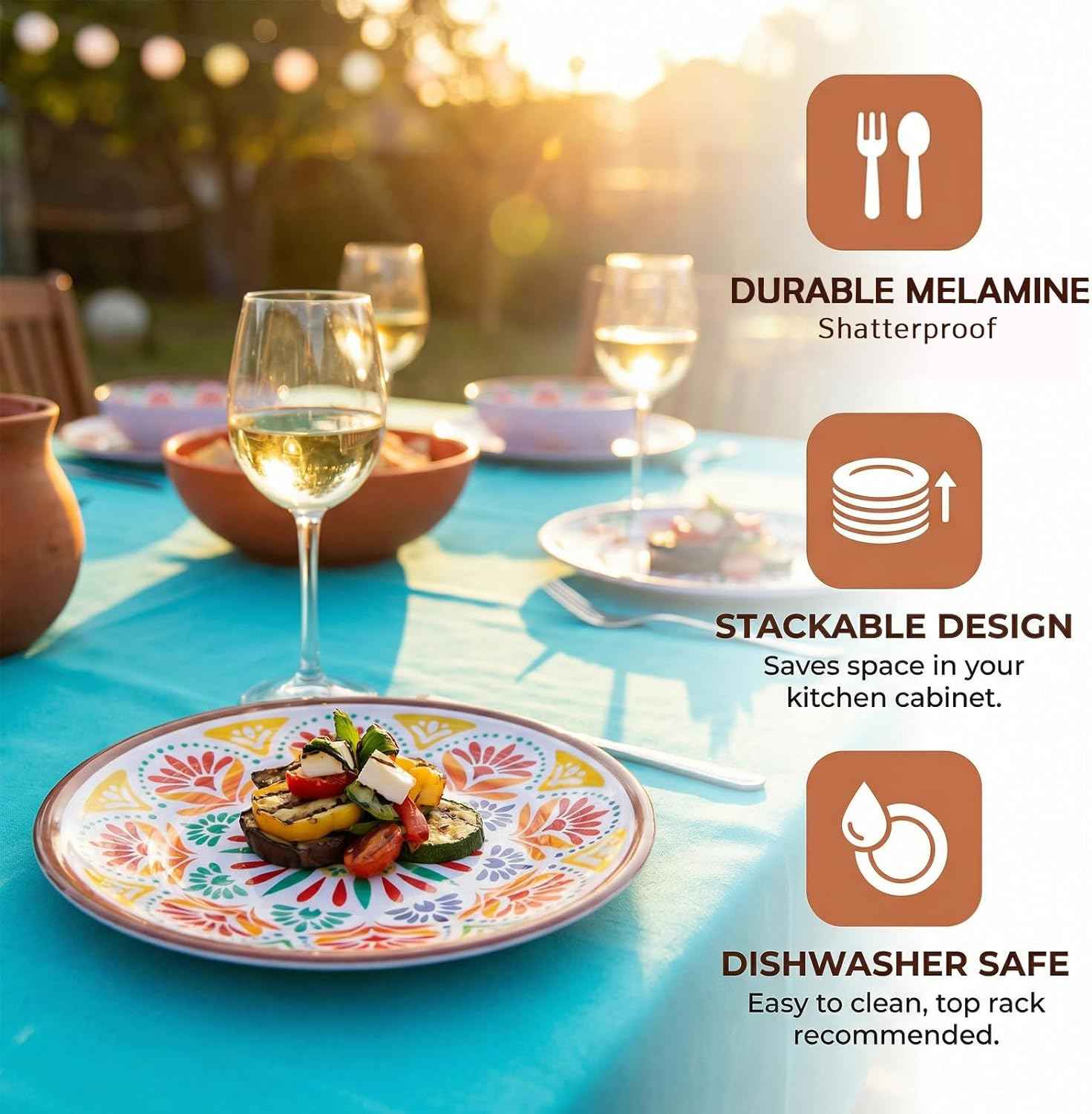 12-Piece Melamine Dinnerware Set,Service for 4, Durable Plate and Bowl, Floral Pattern Tableware for Parties & Home, Dinner Salad Dessert Plates, and Cereal Bowls Set,Housewarming Wedding Gift - Brown