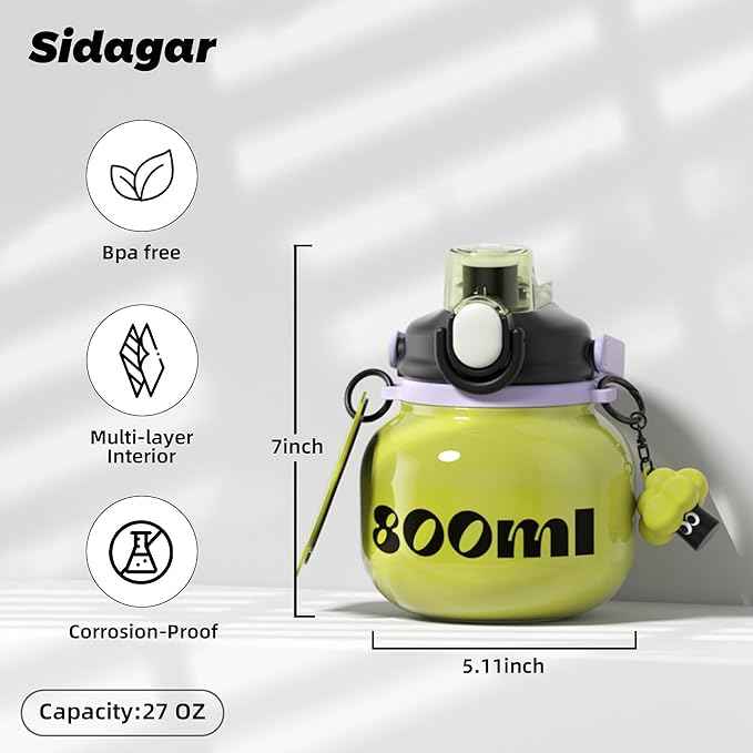 27 oz Aesthetic Water Bottle with Straw and Carry Handle, Chunky Wide Mouth Vacuum Insulated Stainless Steel Flask Taza Easy Carry, Trendy Portable Tumbler Termo for School, Gym, Travel, Green