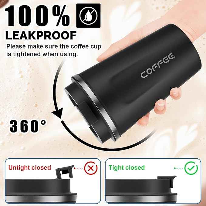 MOMSIV 12oz Travel Mug, Insulated Coffee Cup with Leakproof Lid, Vacuum Stainless Steel Double Walled Reusable Tumbler for Hot and Cold Water Coffee and Tea In Travel and Car Black