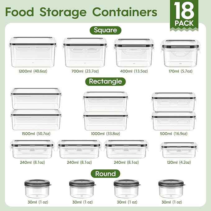 KEMETHY 36-Piece Food Storage Containers with Lids(18 Container & 18 Lid), Plastic Food Containers for Pantry & Kitchen Storage and Organization, BPA-Free, Leak Proof, Reusable with Labels & Pen