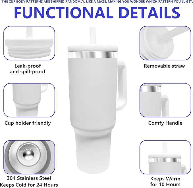 40-OZ Insulated Water Bottle,Insulated Stainless Steel Tumbler,Reusable Cold Drink Thermos,BPA-Free, Double-Wall Stainless Steel Water Bottle (Cup Body Pattern Color-Blind Box, 40, Fluid Ounces)