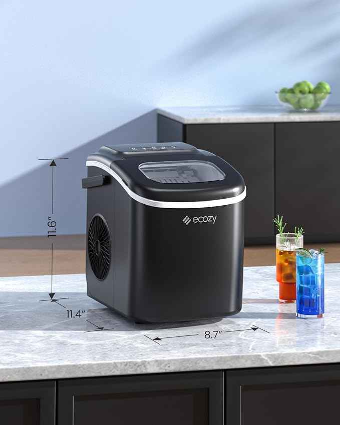 ecozy Ice Makers Countertop, Portable Ice Machine with Carry Handle, 26lbs in 24Hrs, 9 Ice Cubes Ready in 6 Mins, Auto-Cleaning Ice Maker with Basket and Scoop, for Home/Kitchen/Camping/RV