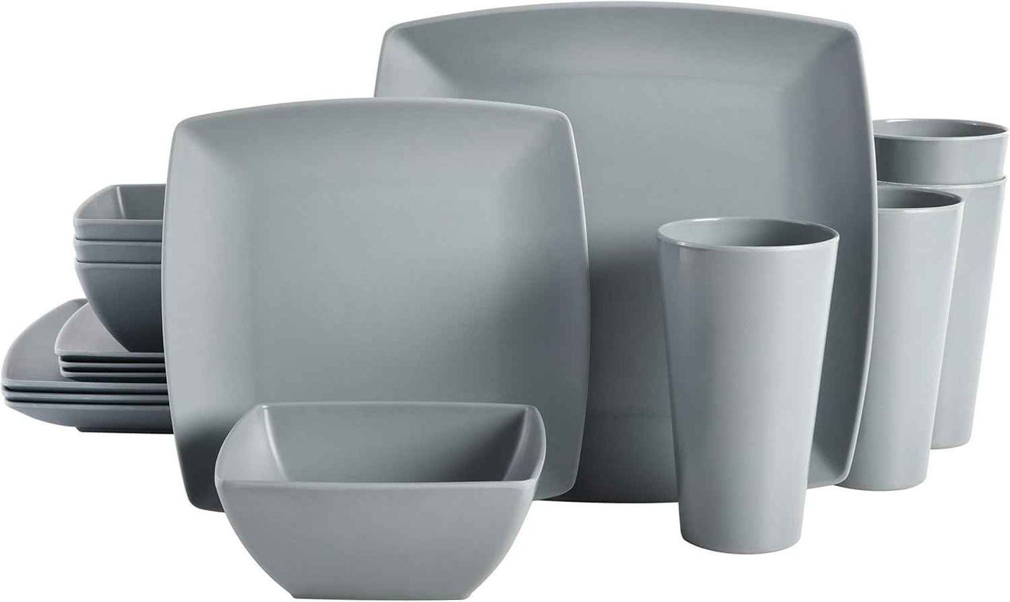 Gibson Home Soho Grayson Square Melamine Plastic Dinnerware Set, Service for Four (16pcs), Grey