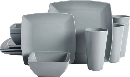 Gibson Home Soho Grayson Square Melamine Plastic Dinnerware Set, Service for Four (16pcs), Grey