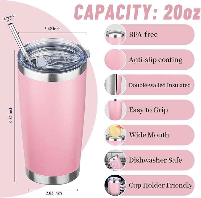 20 oz Tumbler with Lids and Straws, Stainless Steel Insulated Travel Coffee Mug, Double Wall Vacuum Insulated Tumblers, Powder Coated Coffee Tumbler for Cold & Hot Drinks (Mix Color-5, 6 Pack)