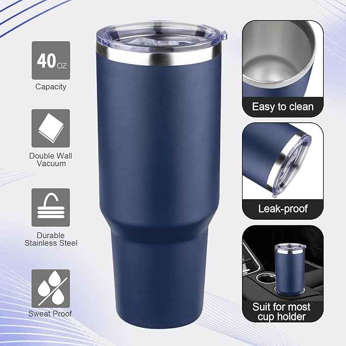 40 oz Tumbler with Lids and Straws Double Wall Vacuum Insulated Tumbler Cup,Stainless Steel Leak-proof Thermal Tumbler Powder Coated Travel Coffee Mug for Cold and Hot Drinks,Navy Blue