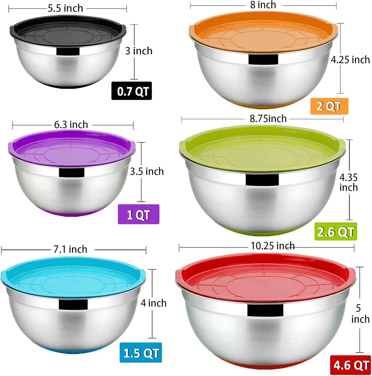 P&P CHEF Mixing Bowls With Lids, Set of 6, Stainless Steel Nesting Mixing Bowls & Fitting Lids & Non-Slip Silicone Bottom, Ideal for Mixing, Storing, Size 0.7/1/1.5/2.5/3/4.6 Qt, Multicolor