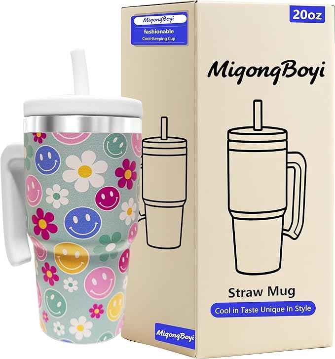 20-OZ Insulated Water Bottle,Insulated Stainless Steel Tumbler,Reusable Cold Drink Thermos,BPA-Free, Double-Wall Stainless Steel Water Bottle (Green-Simleyface Flower, 20, Fluid Ounces)