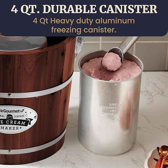 Elite Gourmet EIM418 Old Fashioned 4 Quart Vintage Walnut Wood Bucket, Electric Ice Cream Maker Machine, Uses Ice and Rock Salt Churns Ice Cream in Minutes
