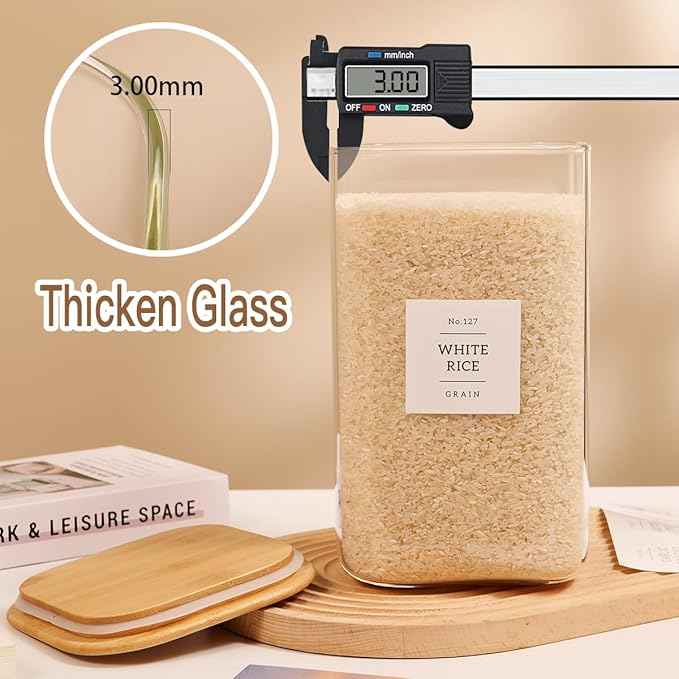 2 Pack large Square Glass Flour and Sugar Containers with 132 Kitchen Pantry Labels - 149 floz & 71 floz - Glass Jars with Airtight Bamboo Lid - Glass Rice Canisters for Coffee, Pasta, Cookie, Cereal