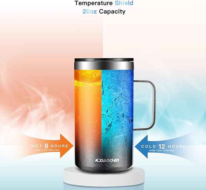 KXIAOCHEN 20oz Insulated Coffee Mug with Lid, Stainless Steel Coffee Cup, Double Wall Vacuum Coffee Tumbler with Handle, Premium Thermal Travel Coffee Mug (Glitter Black)