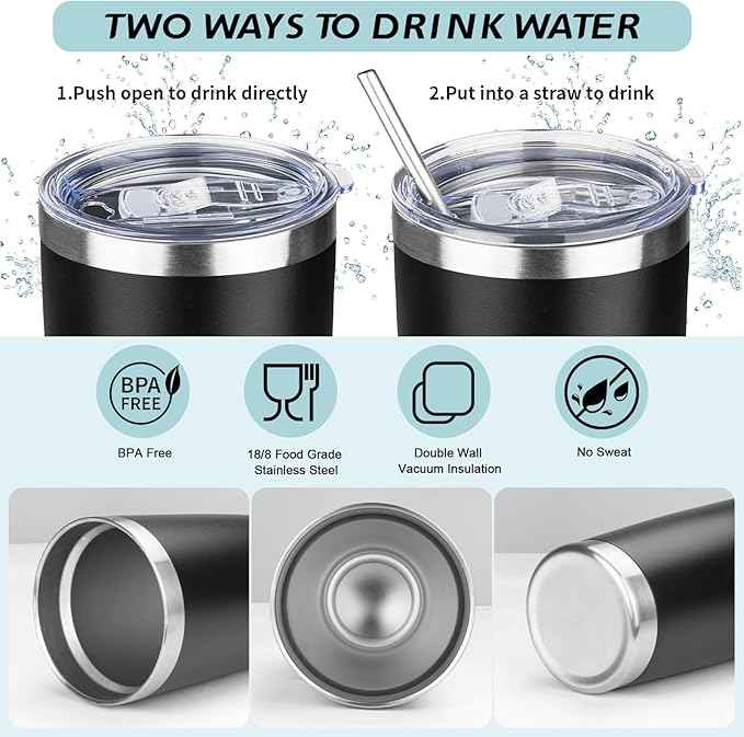 20oz Tumbler with Straw and Brush, Stainless Steel Vacuum Insulated tumbler, Double Wall Insulated Coffee Tumbler for Outdoor, Home, Travel,Office (Black,1pcs)