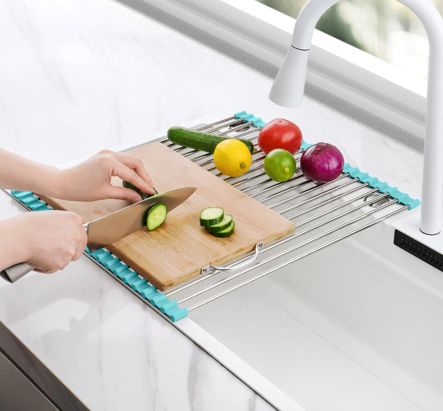 Tomorotec 17.7" x 15.5" Roll Up Dish Drying Rack Over Sink Drying Rack Sink Cover Kitchen Sink Accessories Gadget Multipurpose Organizer Foldable Stainless Steel Drainer