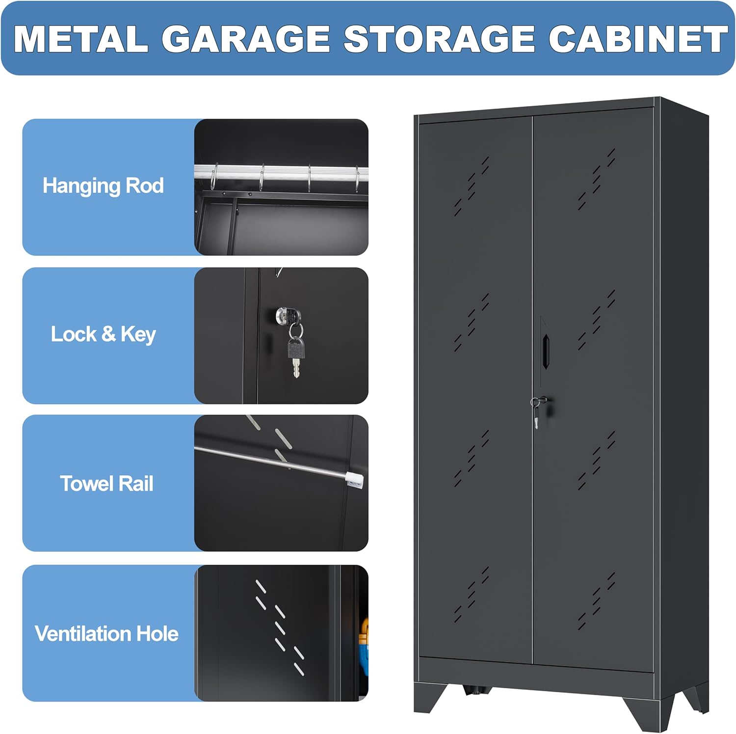 Metal Garage Storage Cabinet with Locking Doors, 71" Tall Broom Closet Storage Cabinet, Heavy Duty Garage Organization Cabinets, Steel Cabinet with Hanging Rod, Assembly Required - Lumora Casa