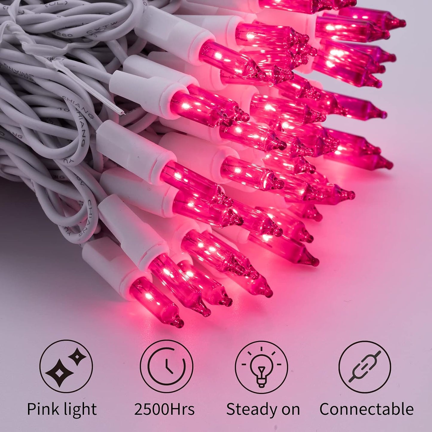 Christmas Pink Mini String Lights - 100 Count 25 Feet Detachable Incandescent Bulb Waterproof Fairy Lights Plug in for Indoor Outdoor Party Patio Xmas Tree Valentine's Day Decoration, White Wire