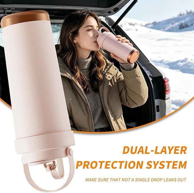 26oz Ceramic Coated Water Bottle, 3-Way Drinking (Straw/Sip/Wide Mouth), 6H Hot & Cold Insulated Water Bottle Leakproof Travel Cup with Handle - Pink