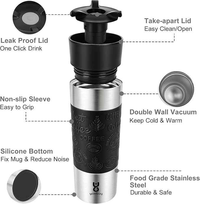 Travel Coffee Mug with 360°Lid, Travel Coffee Tumbler 16 oz Leak Proof, Stainless Steel Insulated Travel Mugs for Hot and Cold Spill Proof Leak Proof(Black)