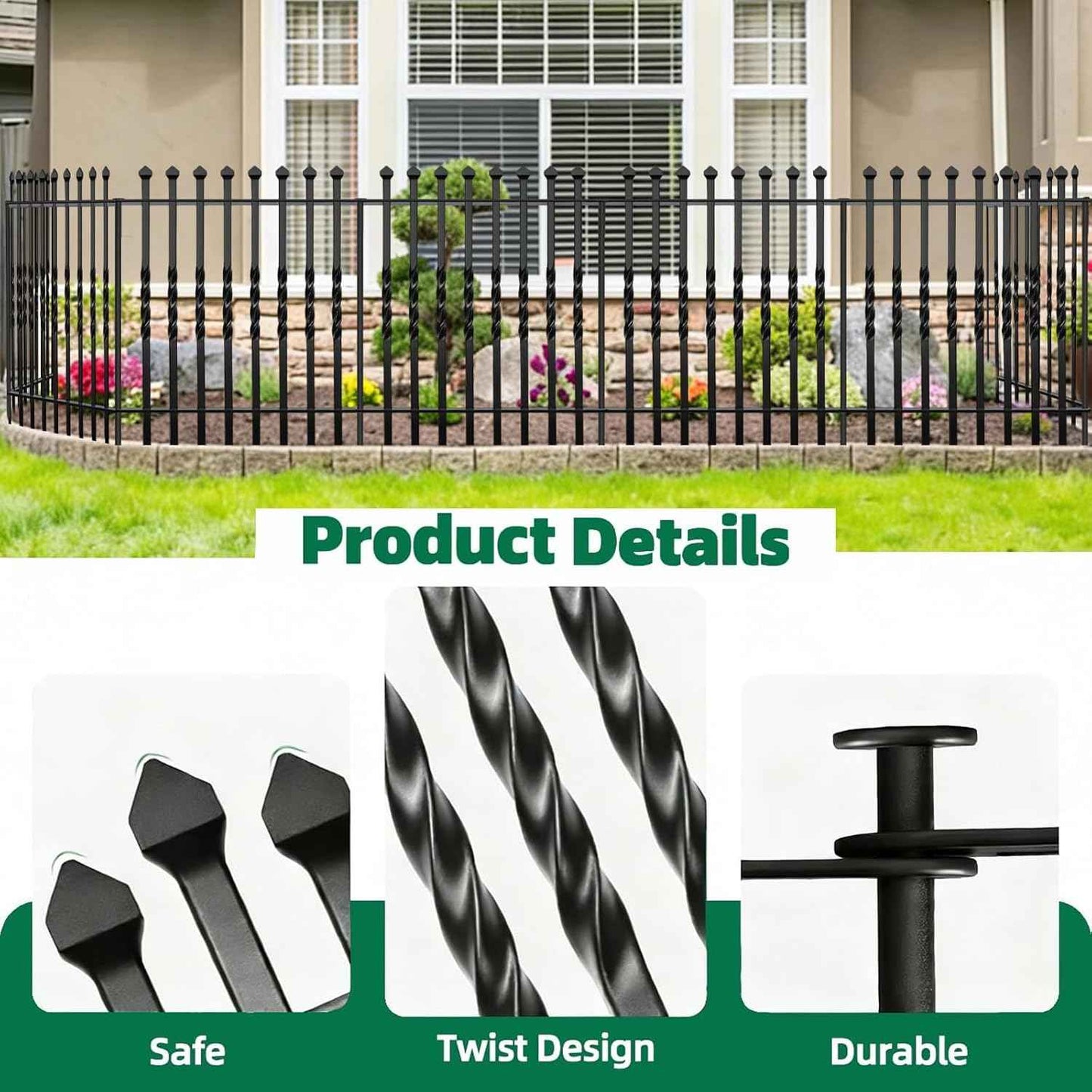 GILPWA 10 Panels Decorative Garden Fence, 32in(H)×24Ft(L) Heavy Duty Twist Outdoor Dog Fence Rustproof Metal Square Tube No Dig Animal Barrier Border Fencing for Temporary Yard Patio Landscape