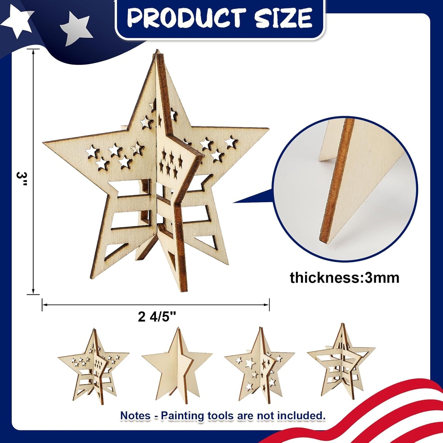 COCHIE DIY 3D 4th of July Stars Wood Crafts to Paint for Kids Adults, Paintable Unfinished Wooden Slices for Craft, Memorial Day Veterans Day Star Cutouts Ornaments for Painting Decorations (24 PCS)