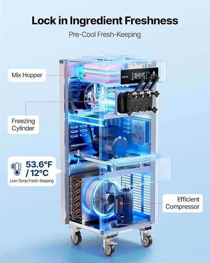VEVOR Commercial Ice Cream Machine, 20-28L/H Yield 2200W Freestanding Soft Serve Ice Cream Maker with 3-Flavor, 2 x 6L Hoppers, Puffing Pump, Pre-Cooling Low-Mix Alert, Ideal for Snack Dessert Shop
