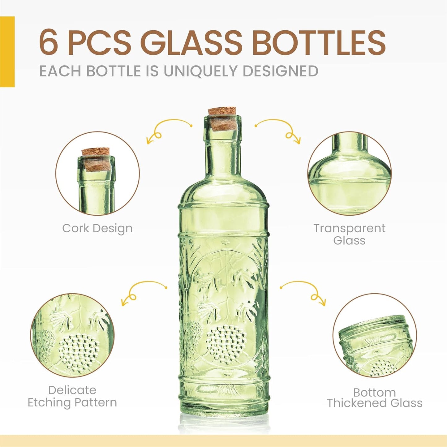 Assorted Green Glass Bottles with Corks, 6 Pack, 2.5in X 9in, 16oz