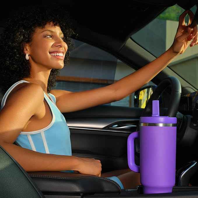40 oz Tumbler with Handle and Straw: Stainless Steel Insulated Tumbler Keeps Cold for 24 Hours, Leakproof Travel Cup Fits in Cup Holder and BPA-Free,Violet