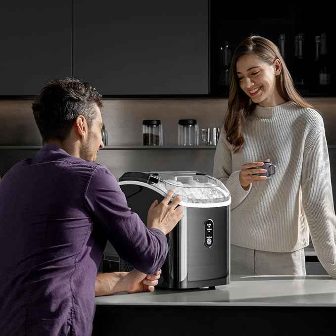 Kismile Nugget Ice Makers Countertop,35Lbs/24H,Portable Ice Machine with Crushed Ice,Self-Cleaning Function,One-Click Operation for Home/Office(Black)