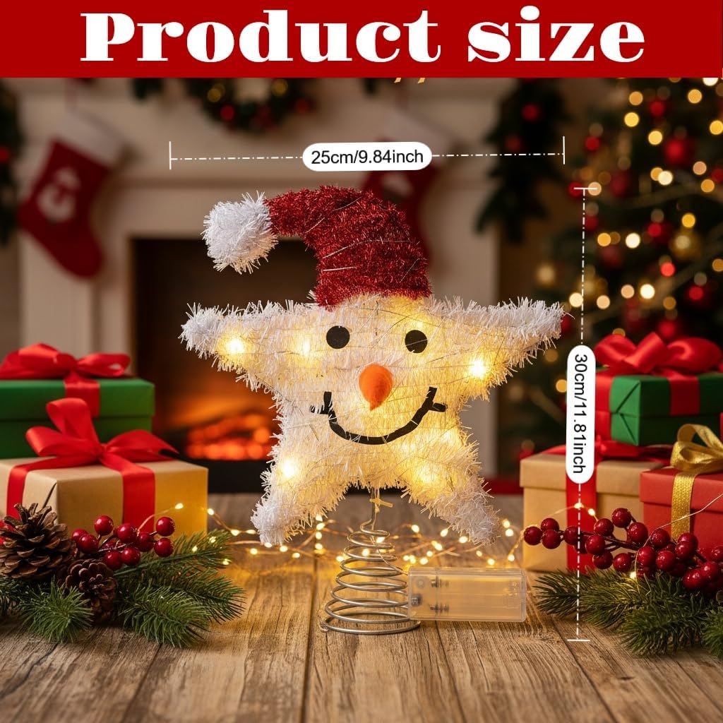 Christmas Tree Topper Snowman Star: Lighted Sparkling Snowman Xmas Tree Top with Led Lights Decoration for Holiday Parties Seasonal Celebrations (Without Battery)