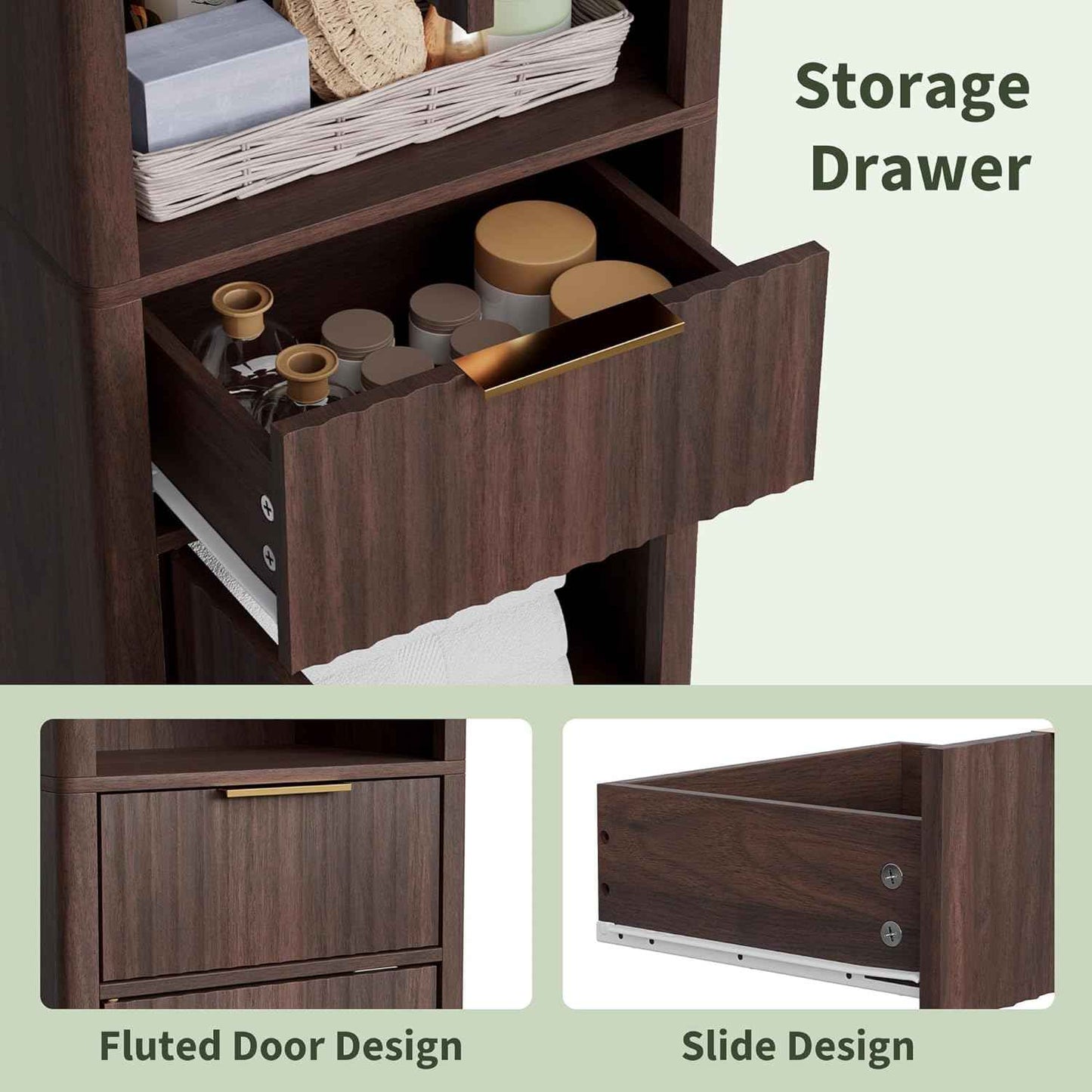 67" Tall Bathroom Storage Cabinet with Fluted Doors, Narrow Metal Cabinet with Fluted Doors and Drawer, Thin Cabinet with Open Countertop for for Bathroom, Living Room, Kitchen, Dining Room, Walnut