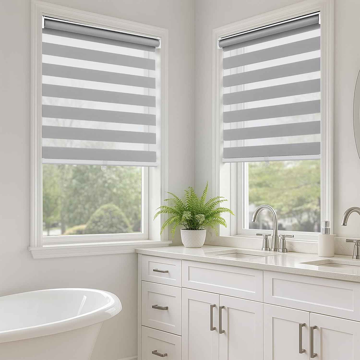 Zebra Blinds, Cordless Blinds for Windows, Roller Shades, Double Layered, Sheer Privacy or Light Filtering Shades for Day and Night, Window Blinds for Home, Office, 34W X 64H, White