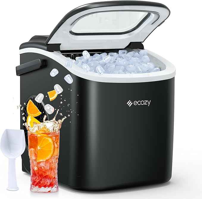 ecozy Ice Makers Countertop, Portable Ice Machine with Carry Handle, 26lbs in 24Hrs, 9 Ice Cubes Ready in 6 Mins, Auto-Cleaning Ice Maker with Basket and Scoop, for Home/Kitchen/Camping/RV