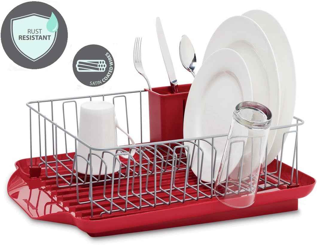 Farberware Classic Large Rust Resistant Full Dishrack with Removable 3 Compartment Flatware Caddy, Andlged Drain Board, 3-Piece, Red