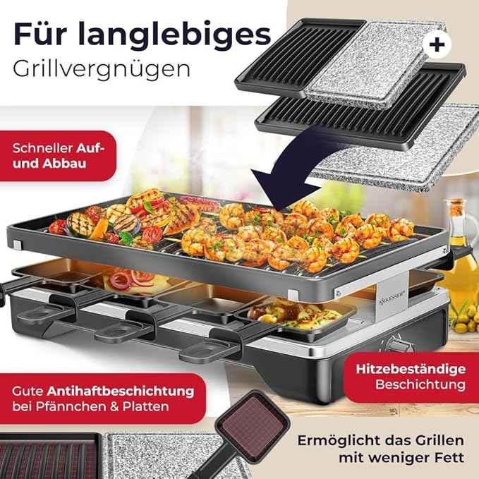 KESSER® Raclette Grill with Natural Grill Stone, Grill Plate Table Grill for 8 People, Electric Grill Raclette Grill with Non-Stick Coating, 8 Pans and Wooden Spatula 1200W (Black)