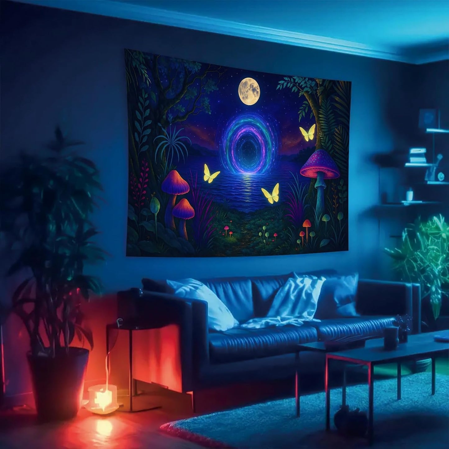 Starlit Patio Glowing Mushrooms Blacklight Tapestry UV Reactive Wall Hanging Psychedelic Portal Butterflies Moonlit Lake for Bedroom Dorm Living Room Fantasy Nature Decor Fluorescent Trippy Poster 78 x 59 Inch