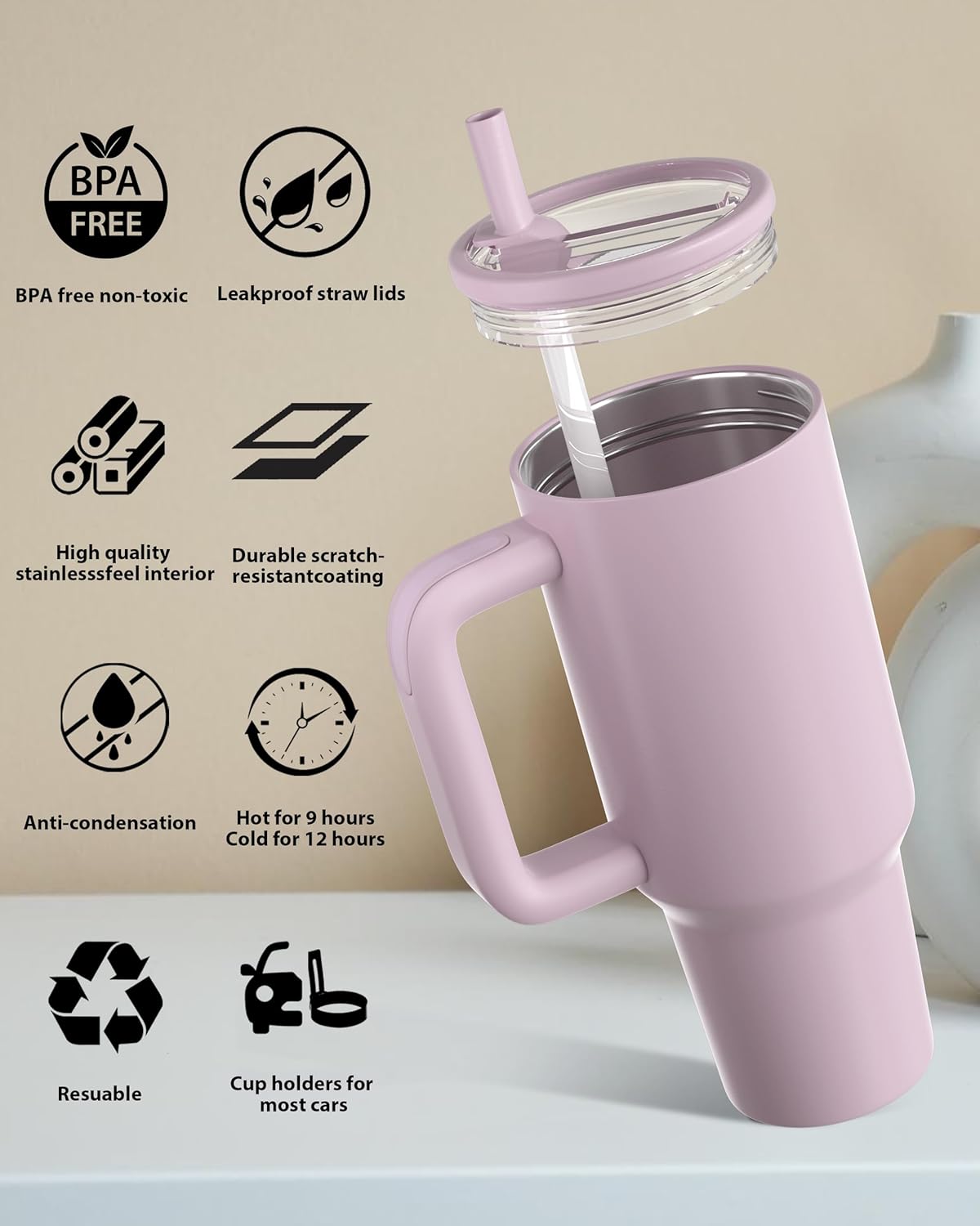 Traveler 40 oz Insulated Water Bottle with Handle & Flip Straw,Fits in Cup Holder,Leak Resistant Tumbler,Stainless Steel Base,Reusable Gifts for Women & Men
