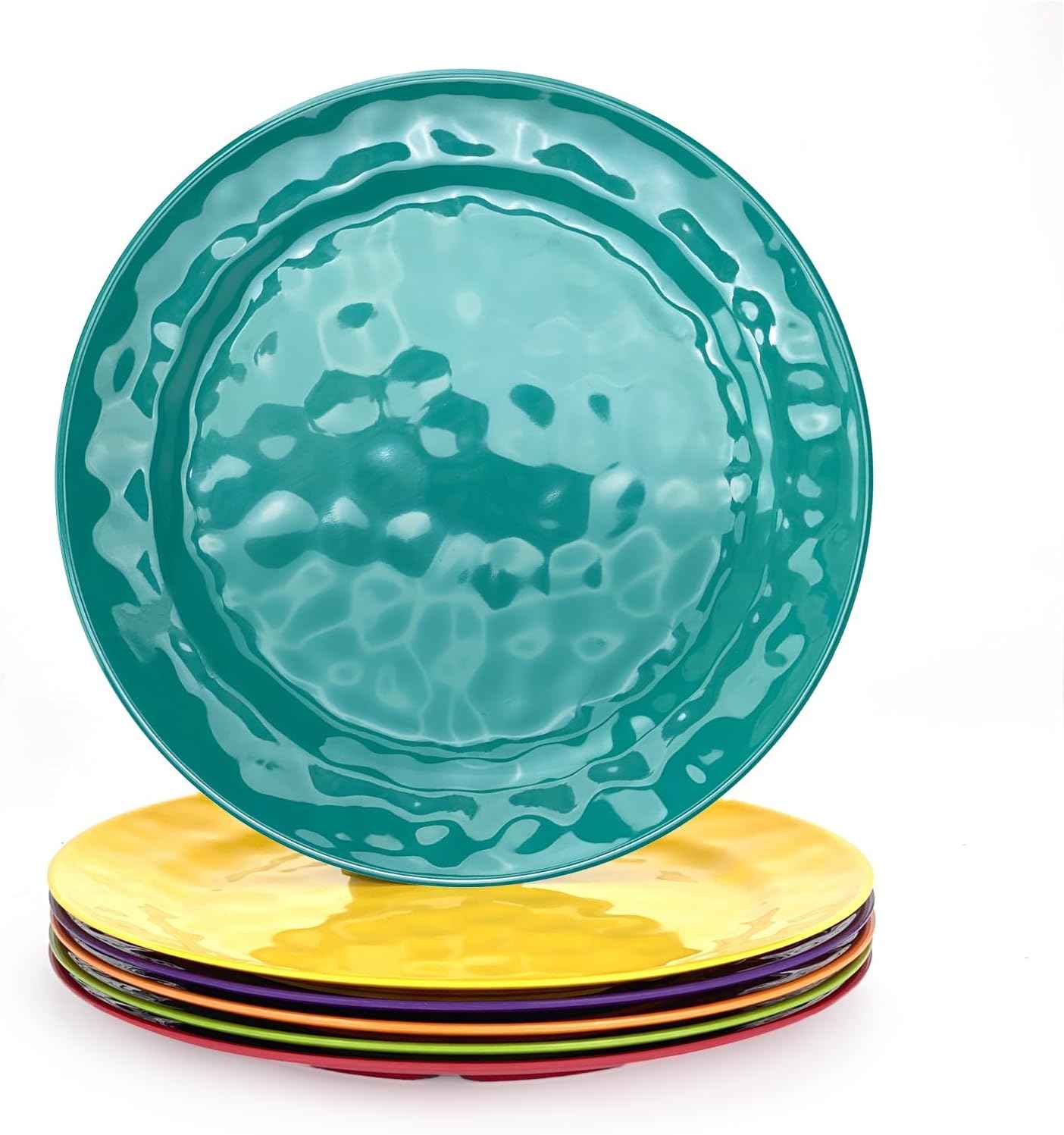 6-Piece 100% Melamine Dinner/Lunch Plate Set,10inch Round Melamine Salad Plates Picnic Plates for Holiday Home Party,Break-resistant and Lightweight,Hammered Finish,BPA Free (Multi color)