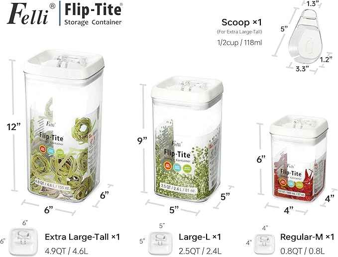 Felli Flip Tite Acrylic Food Storage Container with Lid 6” XL Air Tight Ring Seal Flip Top, Plastic Kitchen Baking Canister for 5 lb Flour Sugar Rice Protein Powder Pantry Organizer (Nest-M, White)