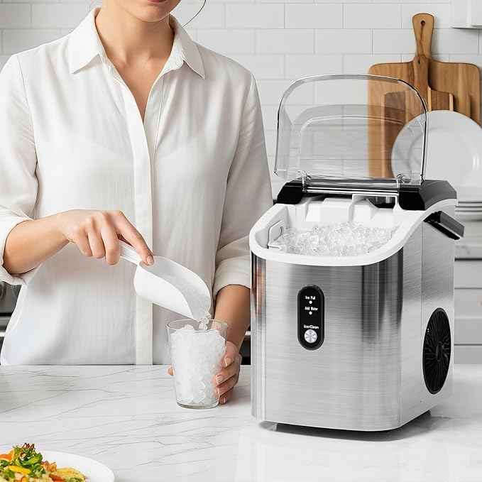 Antarctic Star Nugget Ice Makers Countertop with Handle, 35lbs/Day, Portable Sonic Ice Machine with Auto-Cleaning, Basket and Scoop for Home/Kitchen/Office/Camping(Stainless Steel Silver)