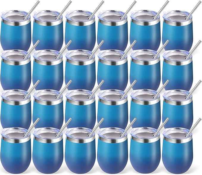 Volhoply 12oz Stainless Steel Wine Tumbler with Lid Bulk 24 Pack,Double Wall Vacuum Stemless Wine Glasses,Reusable Metal Travel Coffee Mug with Straw,Insulated Cup Gift for Women（Dark Night,24 Set）